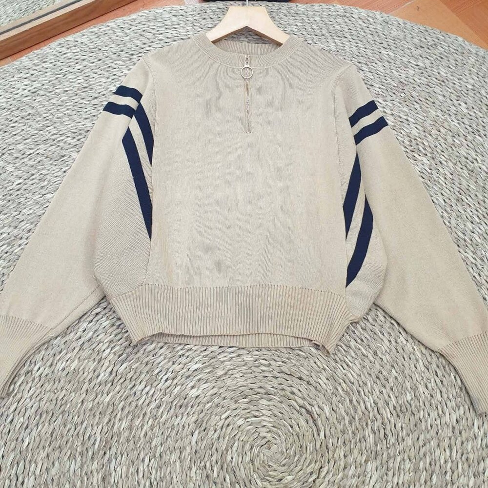Beige Navy Stripe Varsity Half Zip Knit Sweater Preppy Pullover